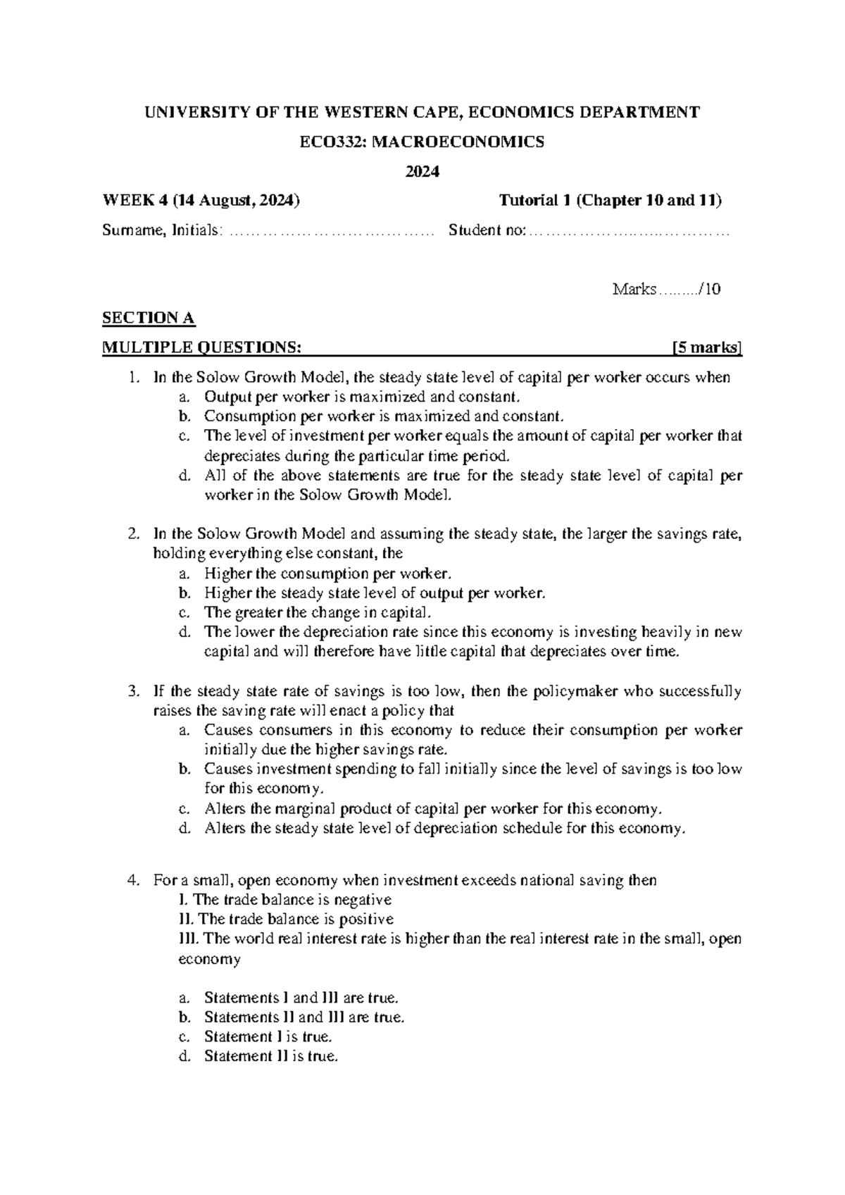 ECO332 Tutorial 1 2024 - UNIVERSITY OF THE WESTERN CAPE, ECONOMICS ...