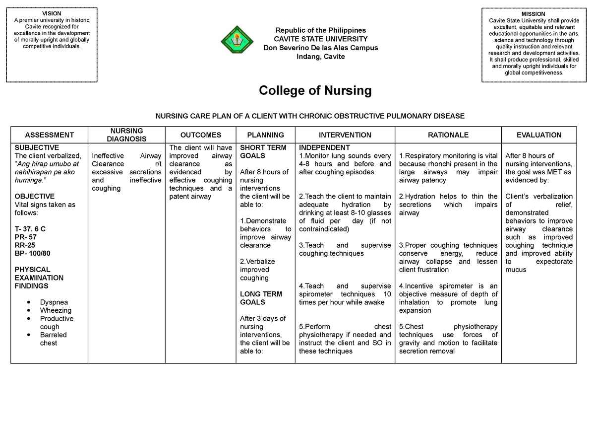 Nursing Care Plan COPD Ncp On Copd College Of Nursing NURSING CARE 