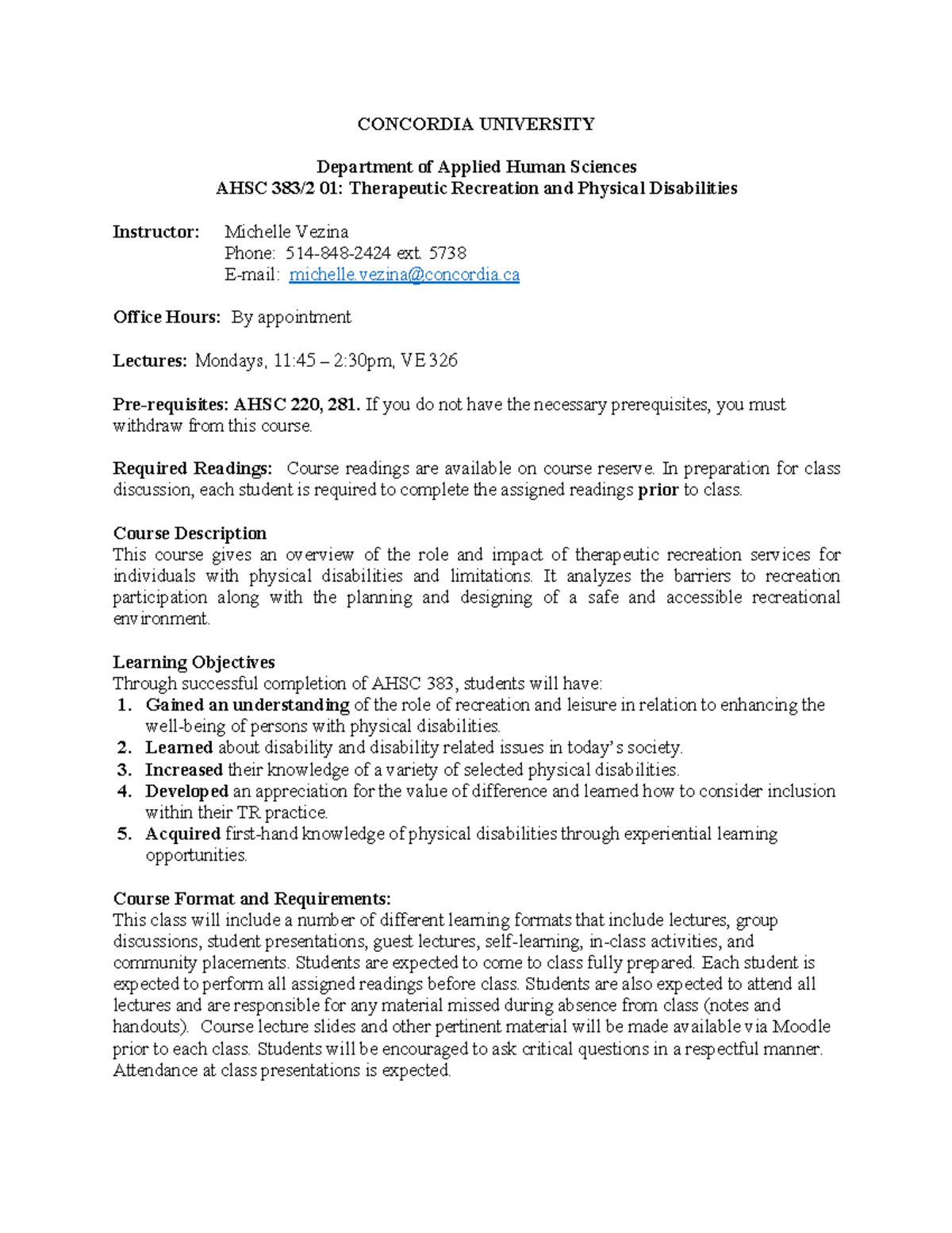 AHSC 383 Course outline F21 CONCORDIA UNIVERSITY Department of