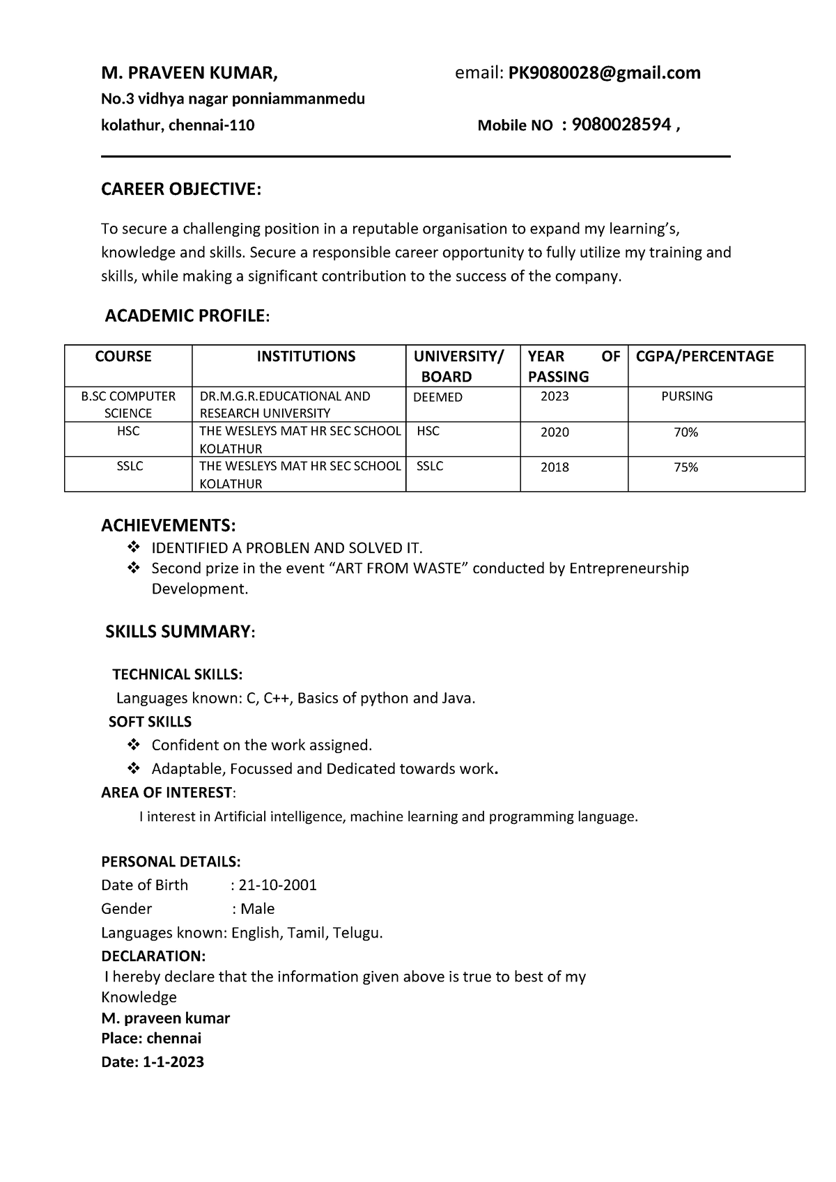 Praveen Resume 2023 (1) (1) - email: , - Studocu