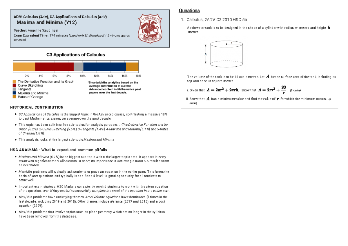 Smarter Maths - Yr 12 - Maxima and Minima - ADV: Calculus (Adv), C3 ...