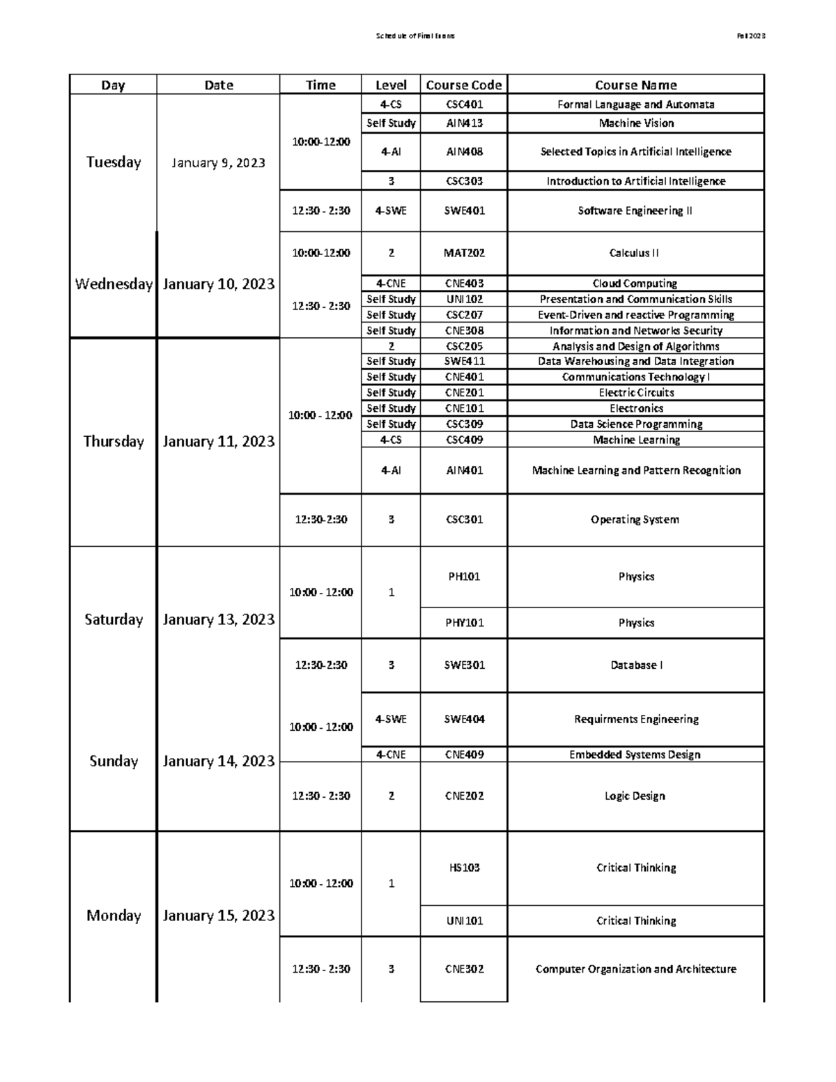 Final Exams Schedule Fall 2023 - Schedule of Final Exams Fall 2023 Day ...