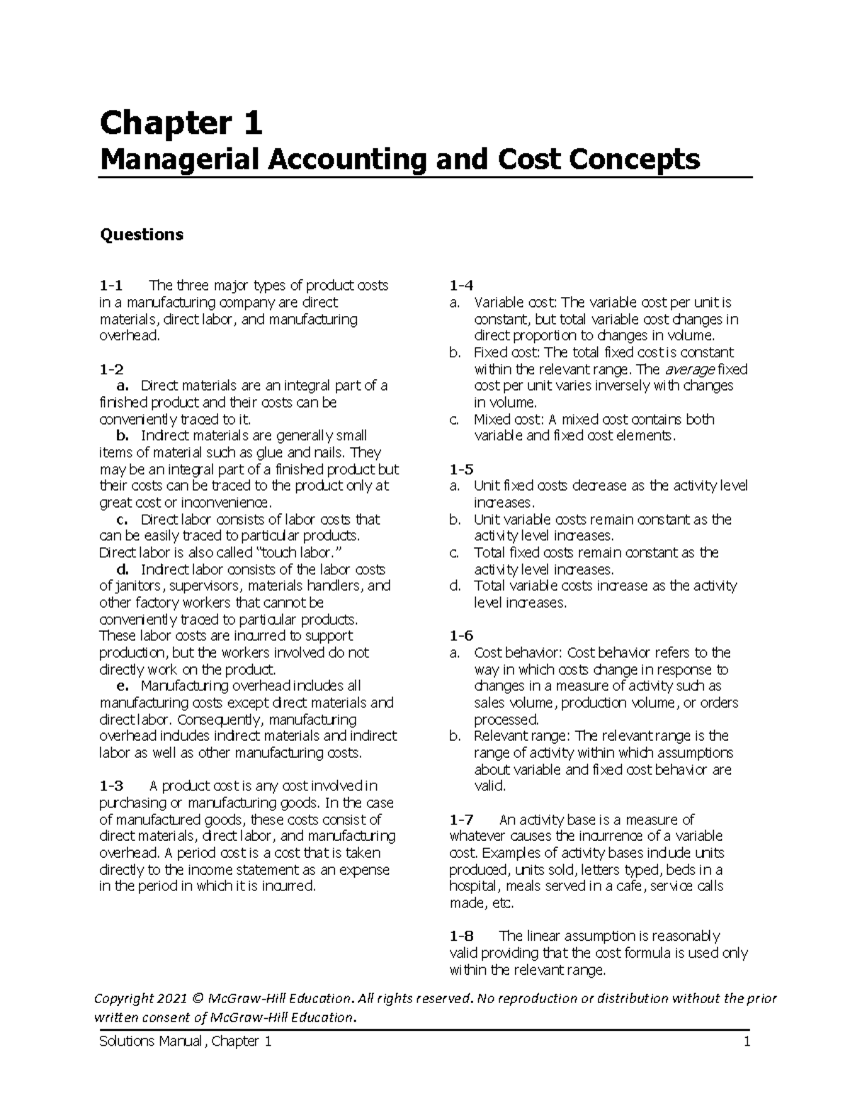 MA Chp 1 - Management Accounting Chapter 1 Solution Manual Answers To ...