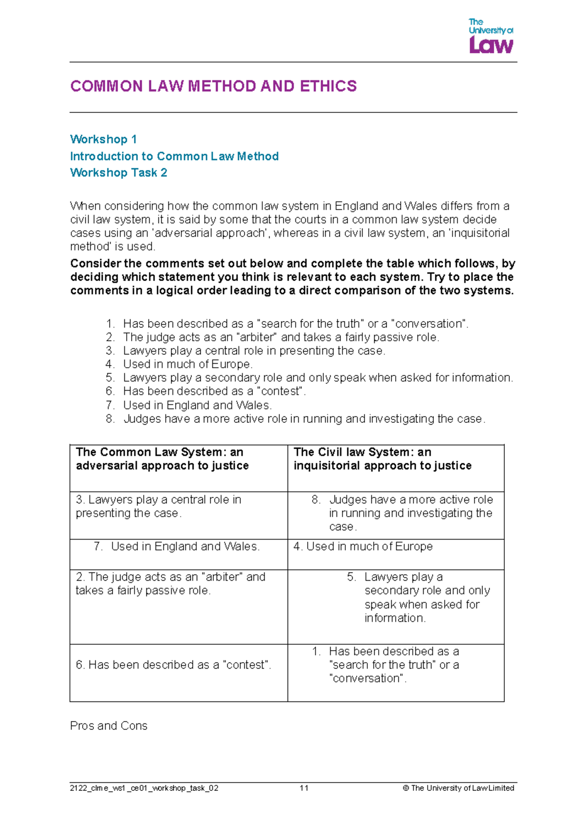 270921 workshop task 2 - WS task materials - COMMON LAW METHOD AND ...