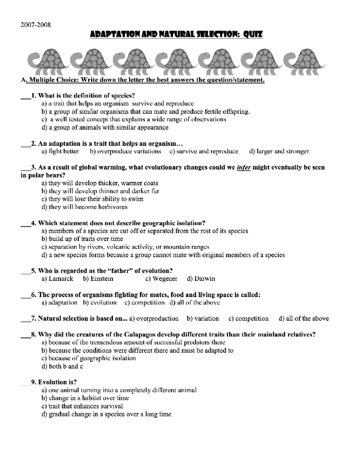 Adaptation AND Natural Selection Quiz Assessment Studocu