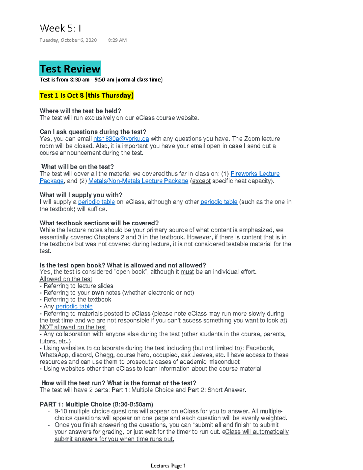 Week 5 I - Lecture notes 7 - Test Review Test is from 8:30 am - 9:50 am ...