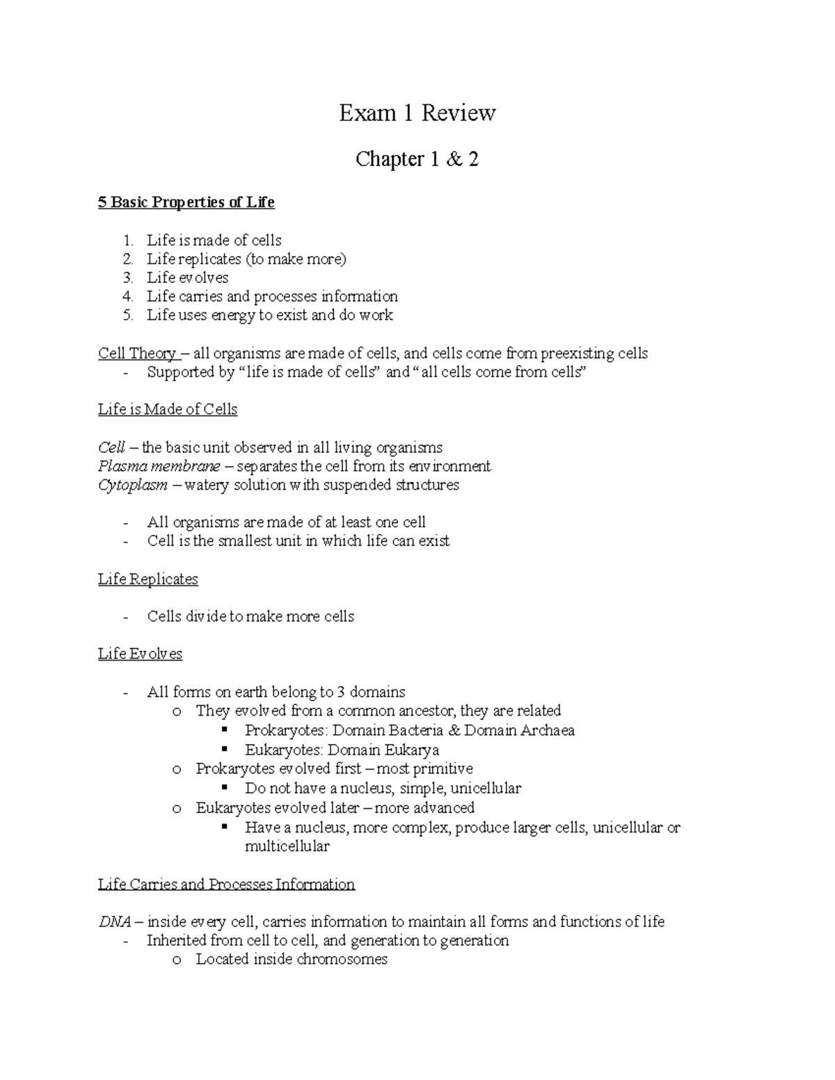 Exam 1 Review - Exam 1 Review Chapter 1 & 2 5 Basic Properties of Life ...