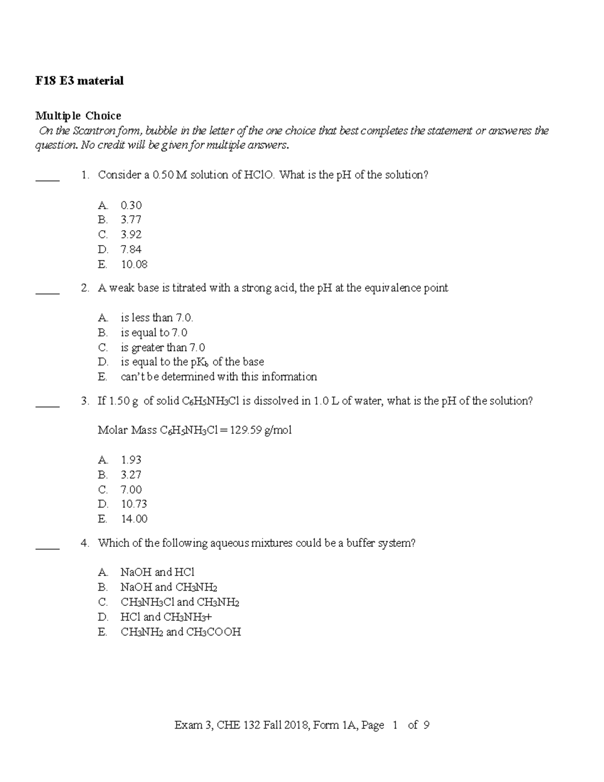 CHE 132 Fall 2018 Titrations and Ksp Questions F 18 E3 material Multiple Choice On the