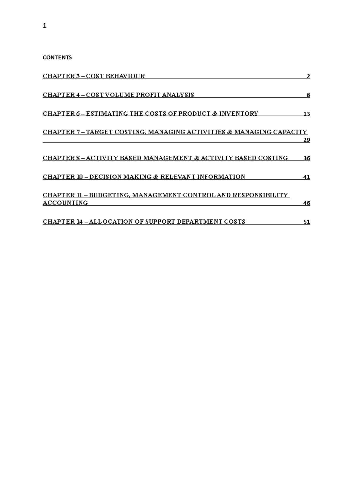 Final Exm Notes - CONTENTS CHAPTER 3 – COST BEHAVIOUR 2 CHAPTER 4 ...