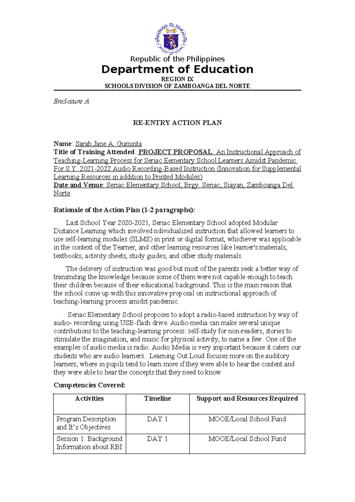 RE- Entry Action PLAN - Copy - Republic of the Philippines Department ...