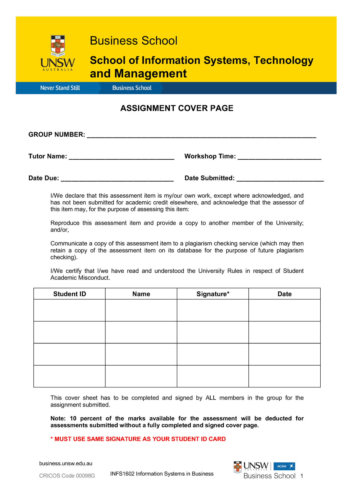 unsw assignment cover sheet engineering