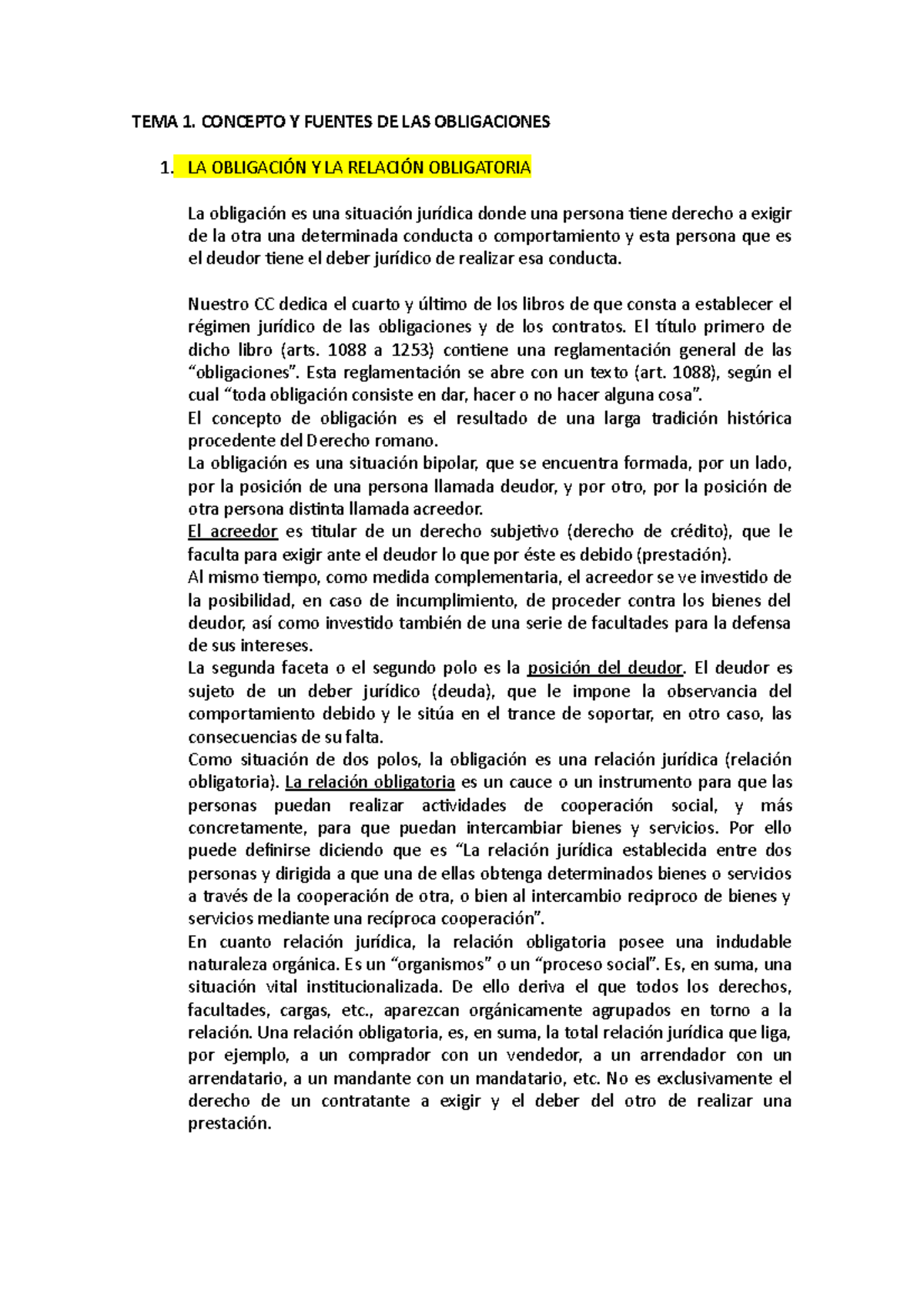 TEMA 1 - Apuntes 1 - TEMA 1. CONCEPTO Y FUENTES DE LAS OBLIGACIONES 1 ...