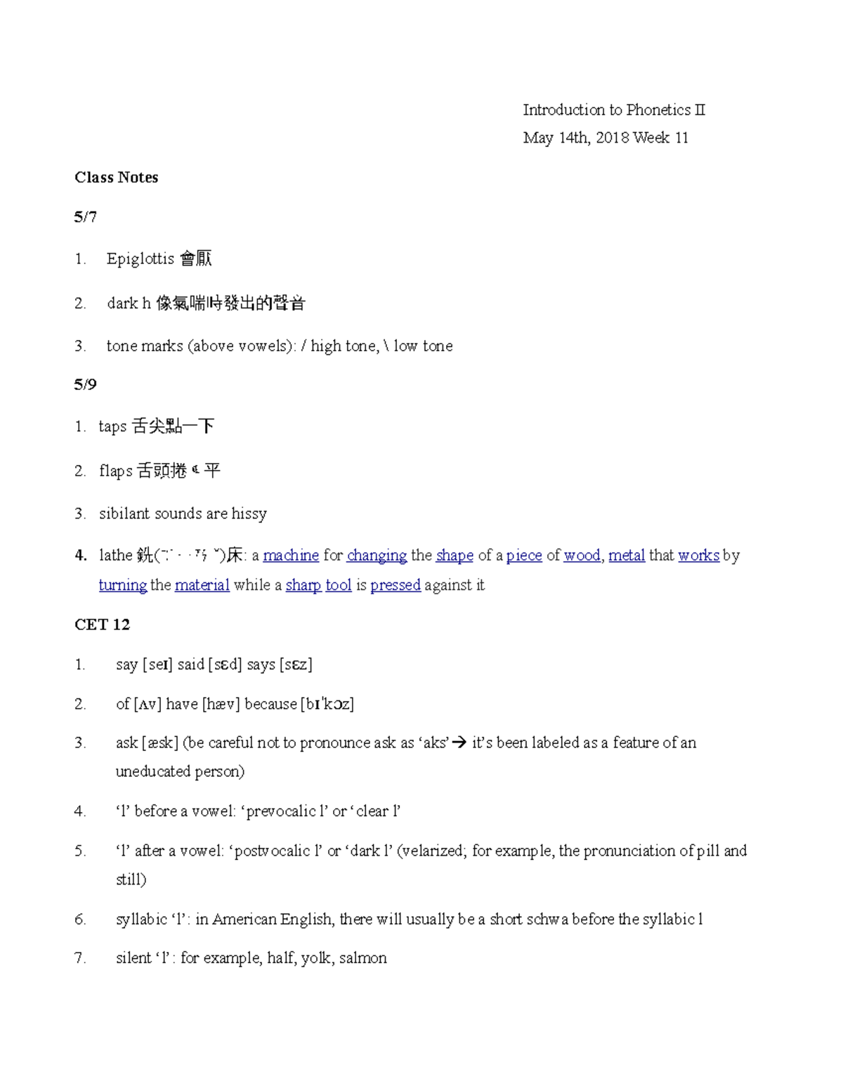 N IP notes week11 - Introduction to Phonetics II May 14th, 2018 Week 11 ...