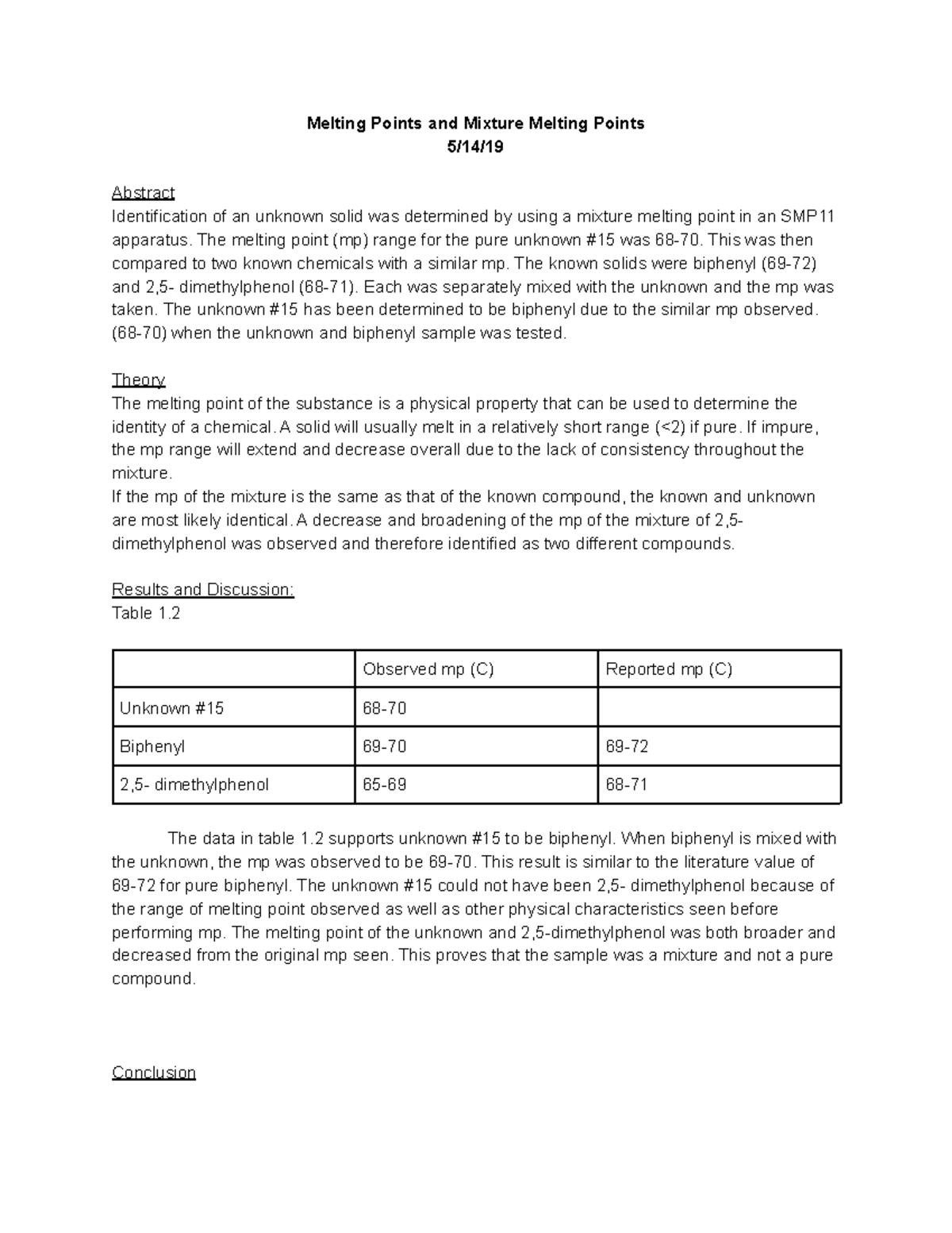 Organic Chemistry Report Lab 1 Melting Points and Mixture Melting