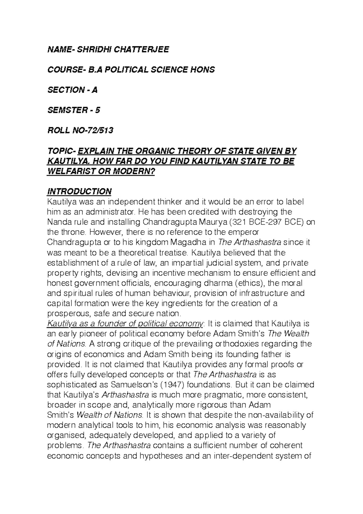 Kautilya theory mandala saptang NAME SHRIDHI CHATTERJEE COURSE B