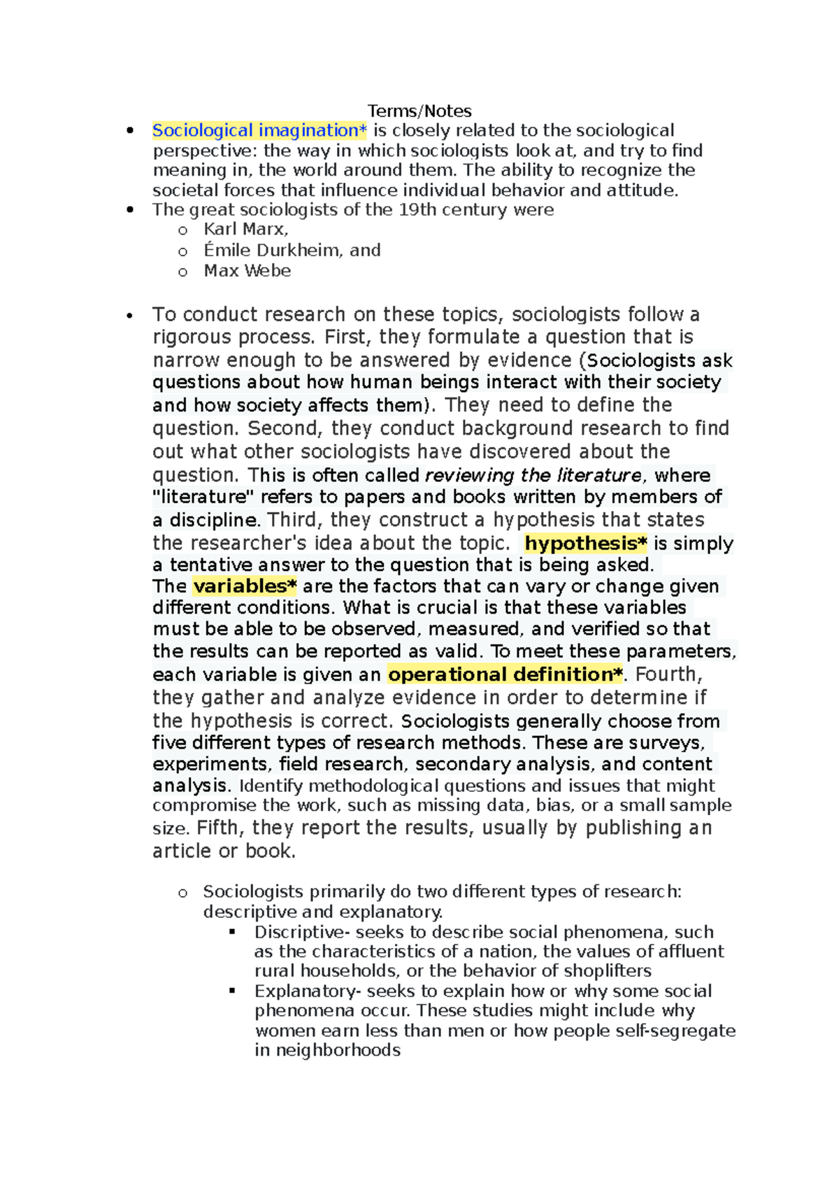 Sociology Notes Part 1 - Terms/Notes Sociological imagination* is ...