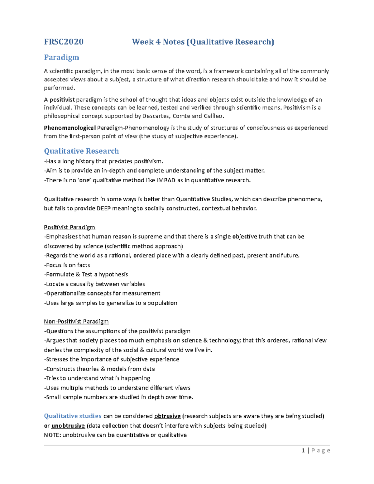 Lecture 4&5 Qualitative Research Notes FRSC2020 Week 4 Notes