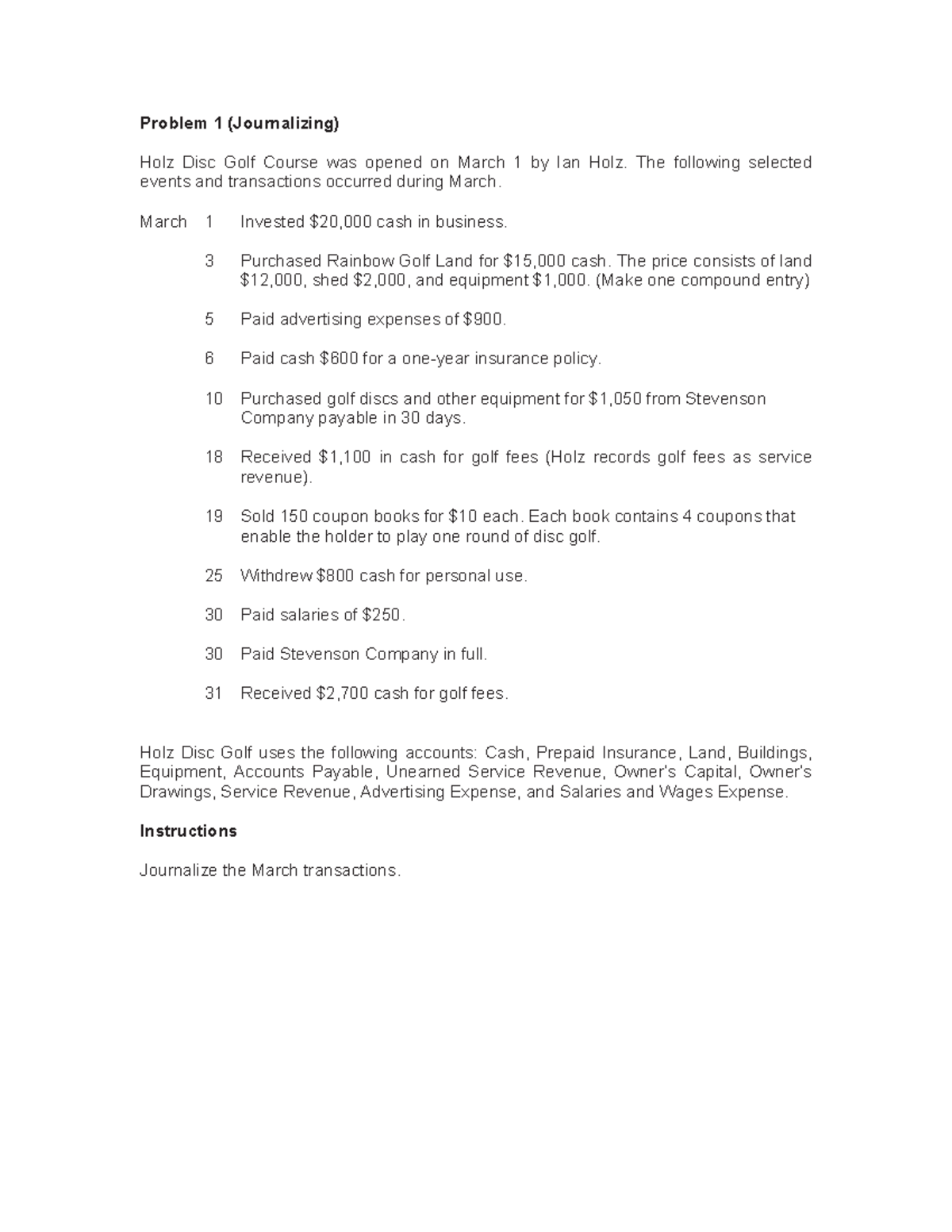 RCBC HO 02 Journalizing Problem 1 (Journalizing) Holz Disc Golf