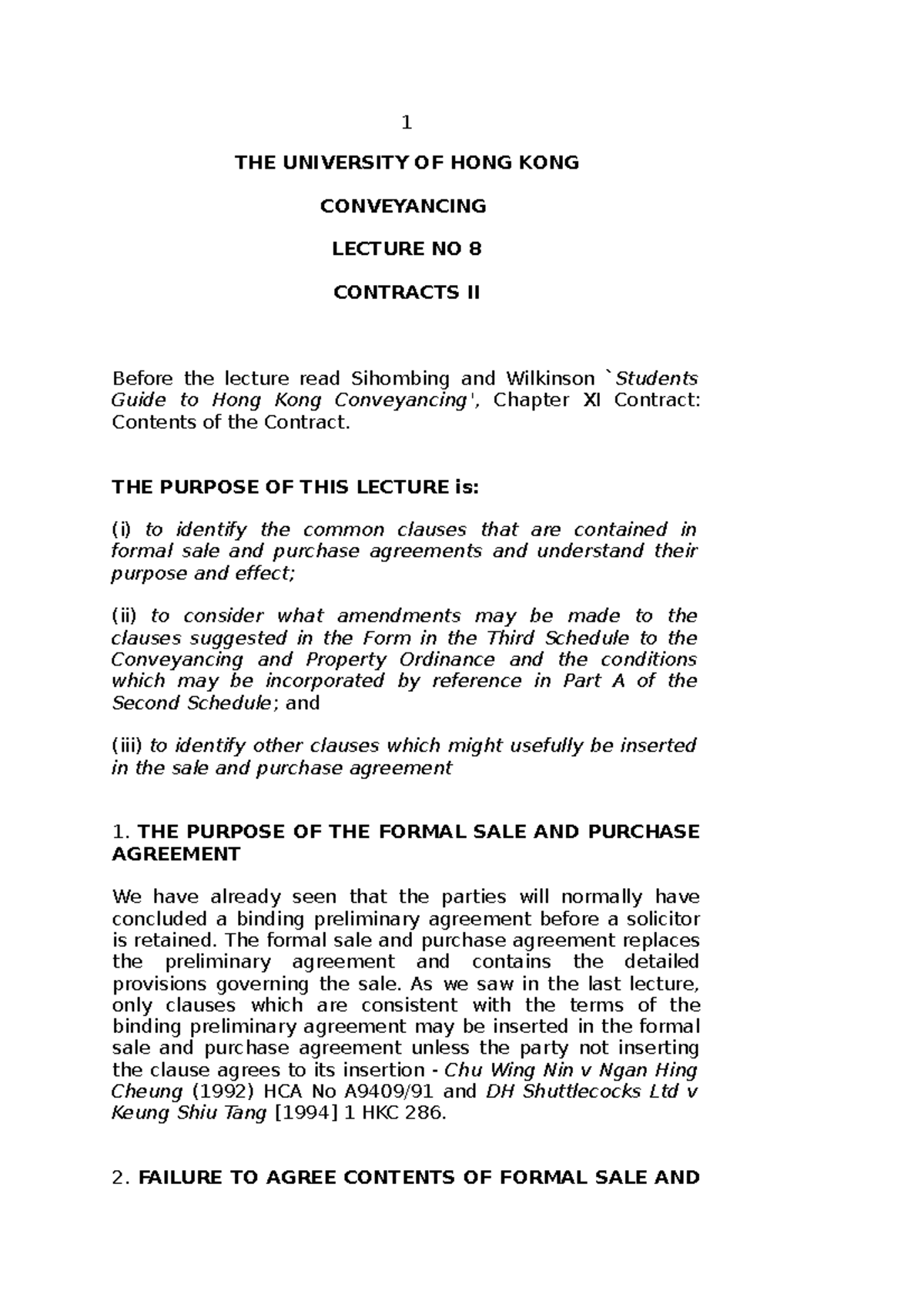 Conlec 8 - notes - THE UNIVERSITY OF HONG KONG CONVEYANCING LECTURE NO ...