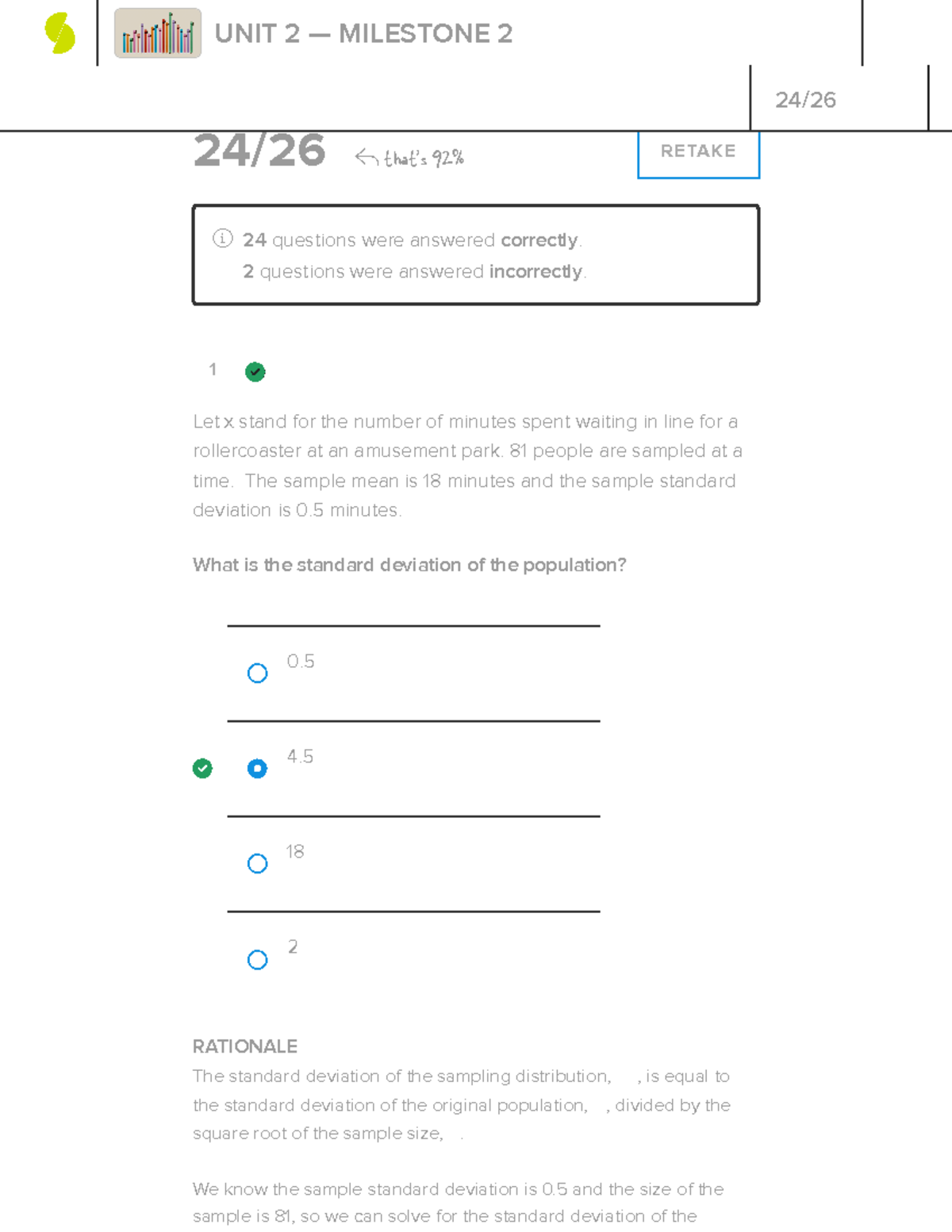 Statistics Milestone 2 - 1 24/26 That's 92% RETAKE 24 Questions Were ...