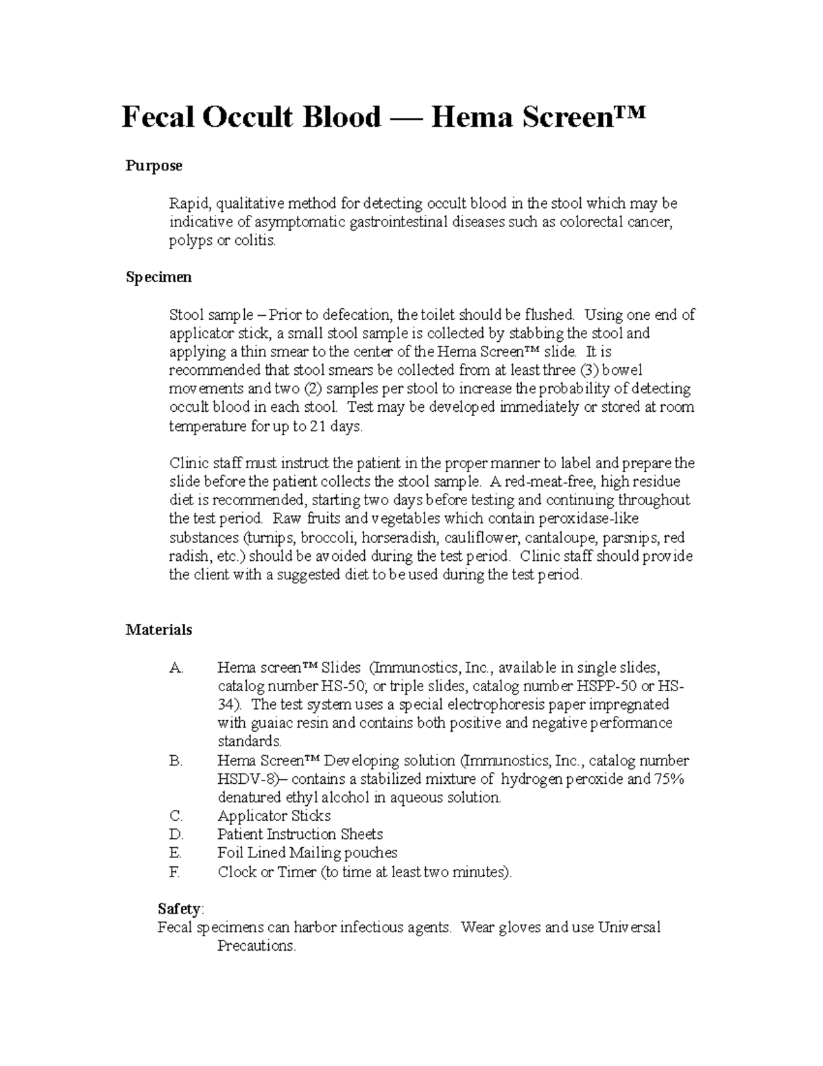 Fecal Occult Blood — Hema Screen™ Fecal Occult Blood — Hema Screen