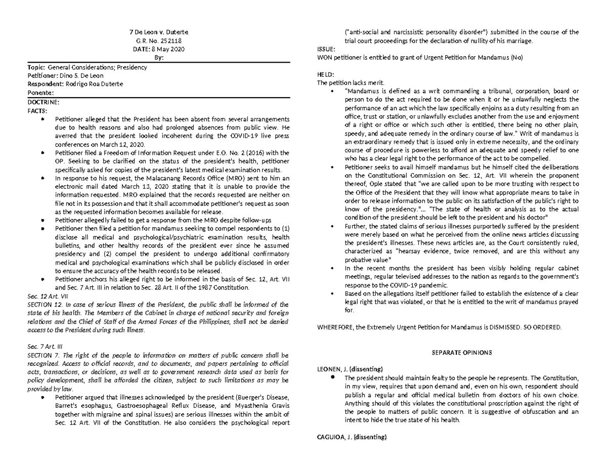 473667337 De Leon v Duterte digest - 7 De Leon v. Duterte G. No. 252118 ...