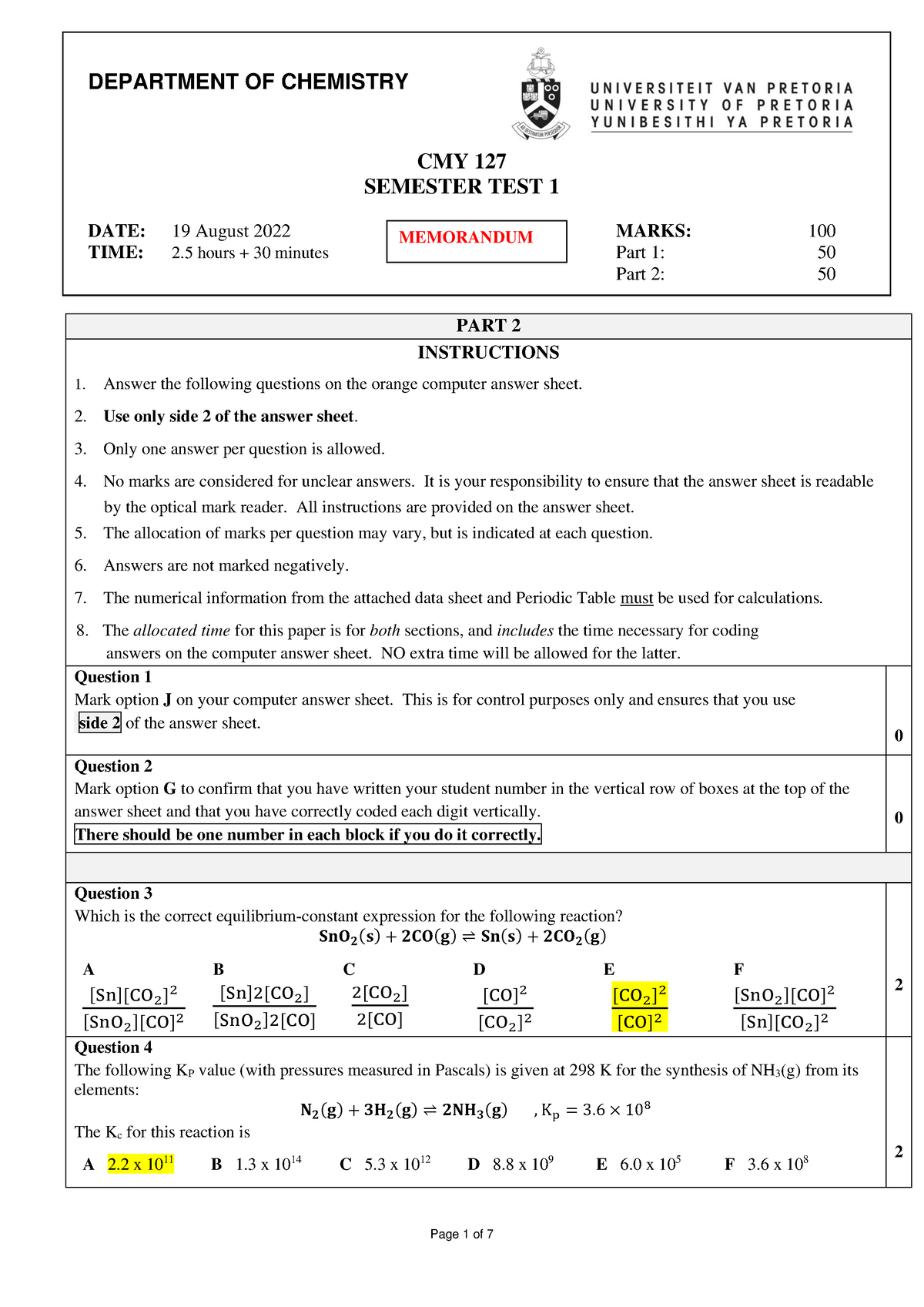 2022 Semester Test 1 Part 2( Memorandum) - DEPARTMENT OF CHEMISTRY CMY ...