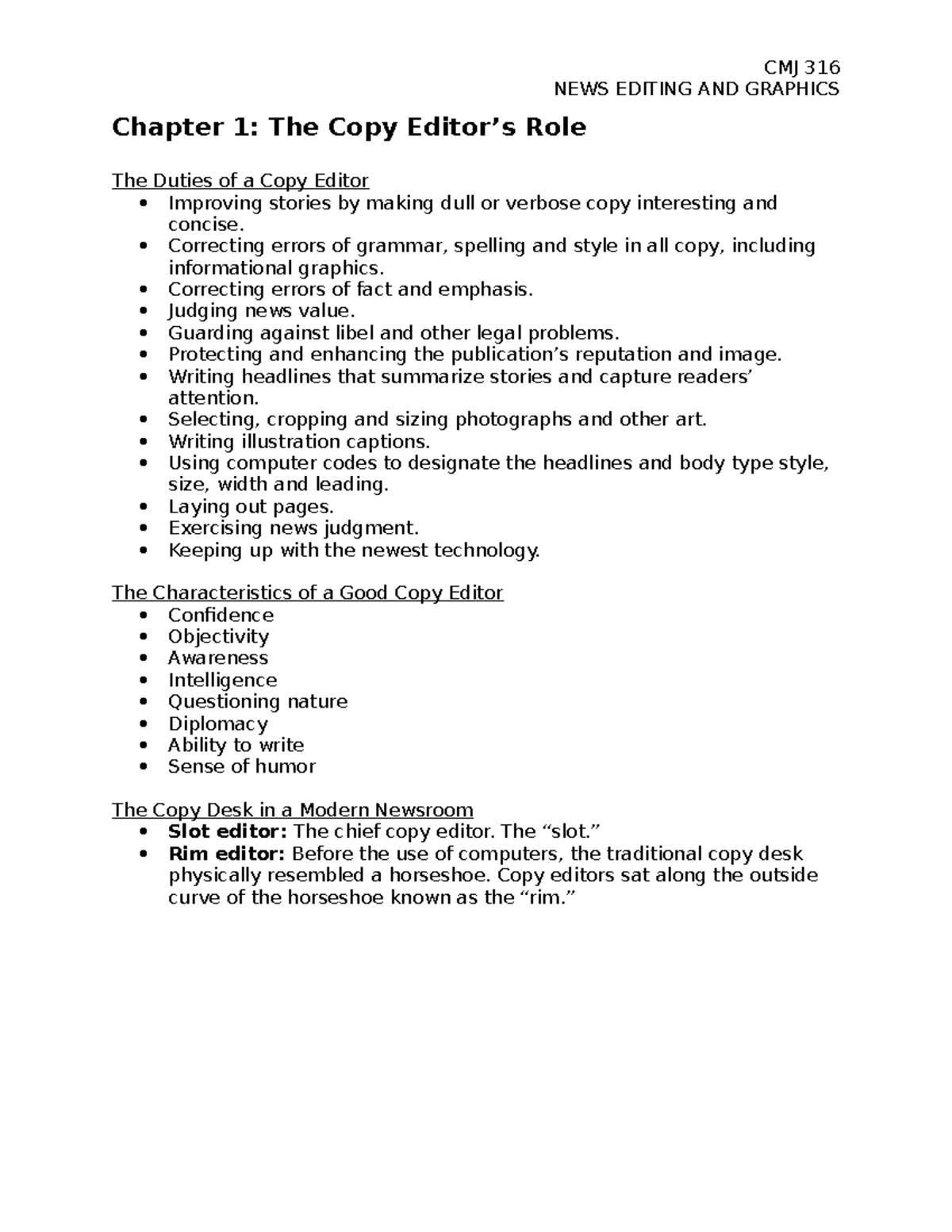 Chapter 1 - Lecture notes 1 - CMJ 316 NEWS EDITING AND GRAPHICS Chapter ...