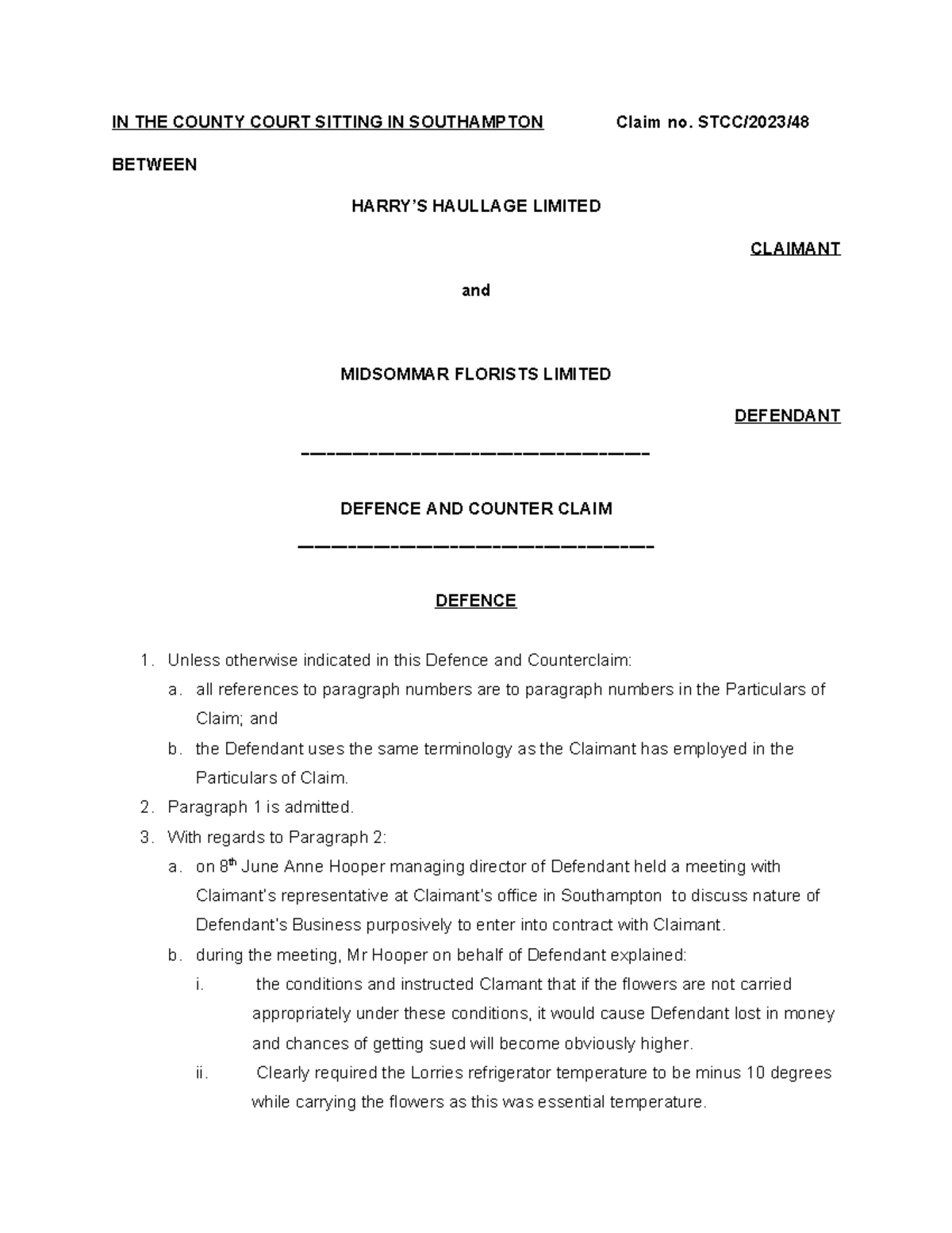 DAC defence and counter claim draft IN THE COUNTY COURT SITTING IN