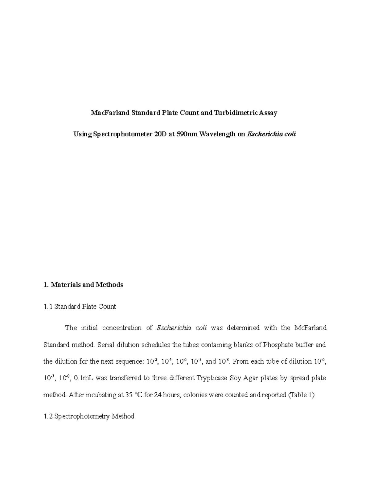 Semiformal Report MacFarland Standard Plate Count and Turbidimetric