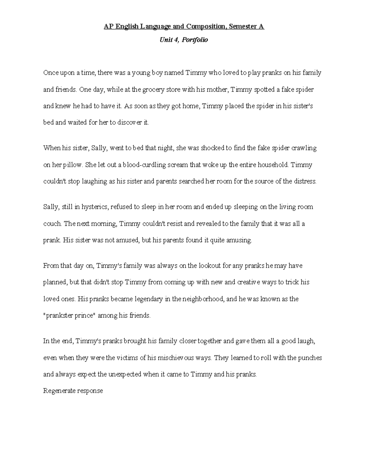 Unit 4 Portfolio Writing a Humorous Narrative Story - AP English ...