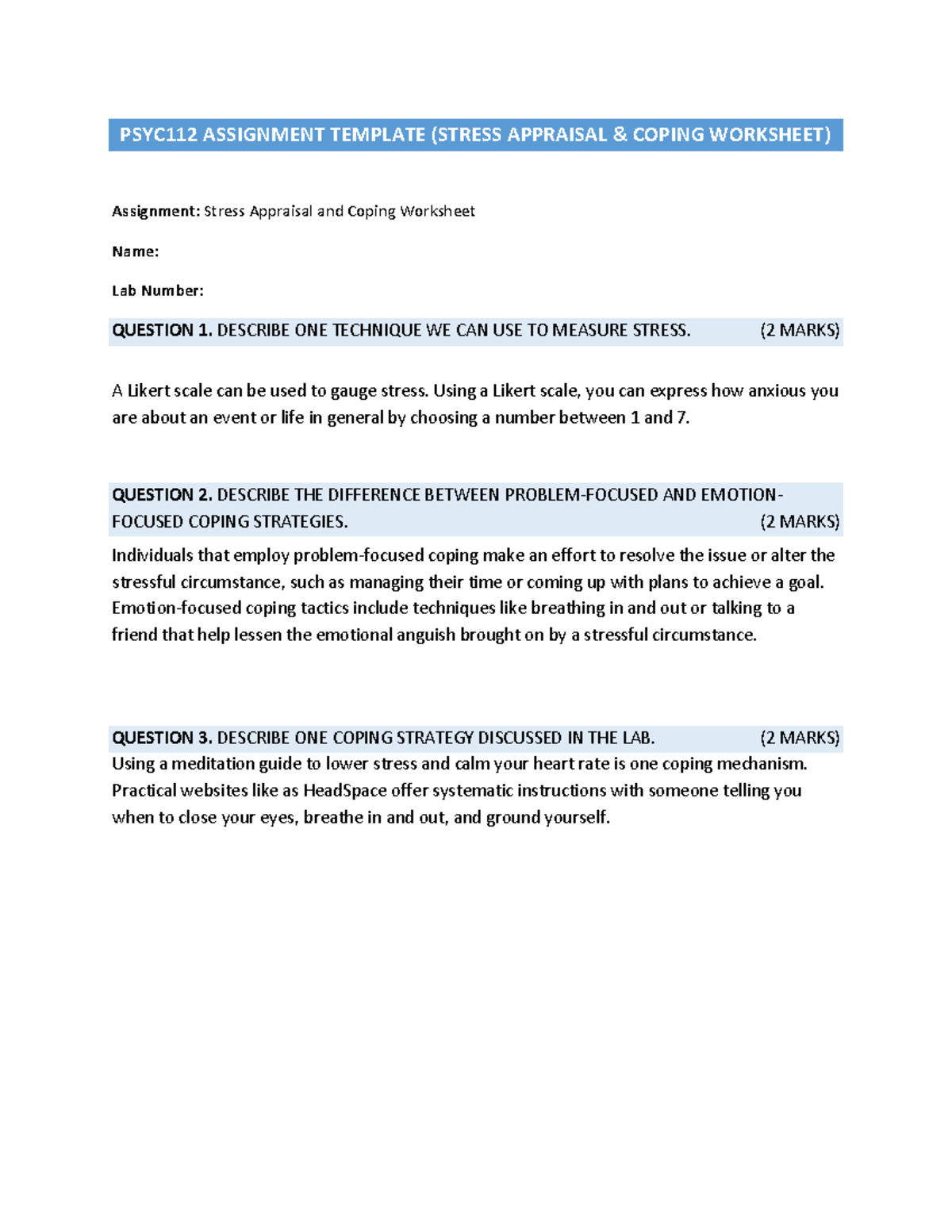 Stress - lab worksheet - PSYC112 ASSIGNMENT TEMPLATE (STRESS APPRAISAL ...