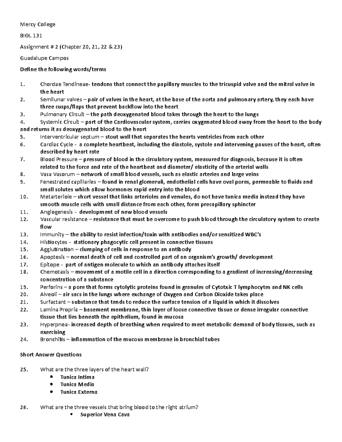 BIOL 131 Summer Assignment #2 - Mercy College BIOL 131 Assignment # 2 ...