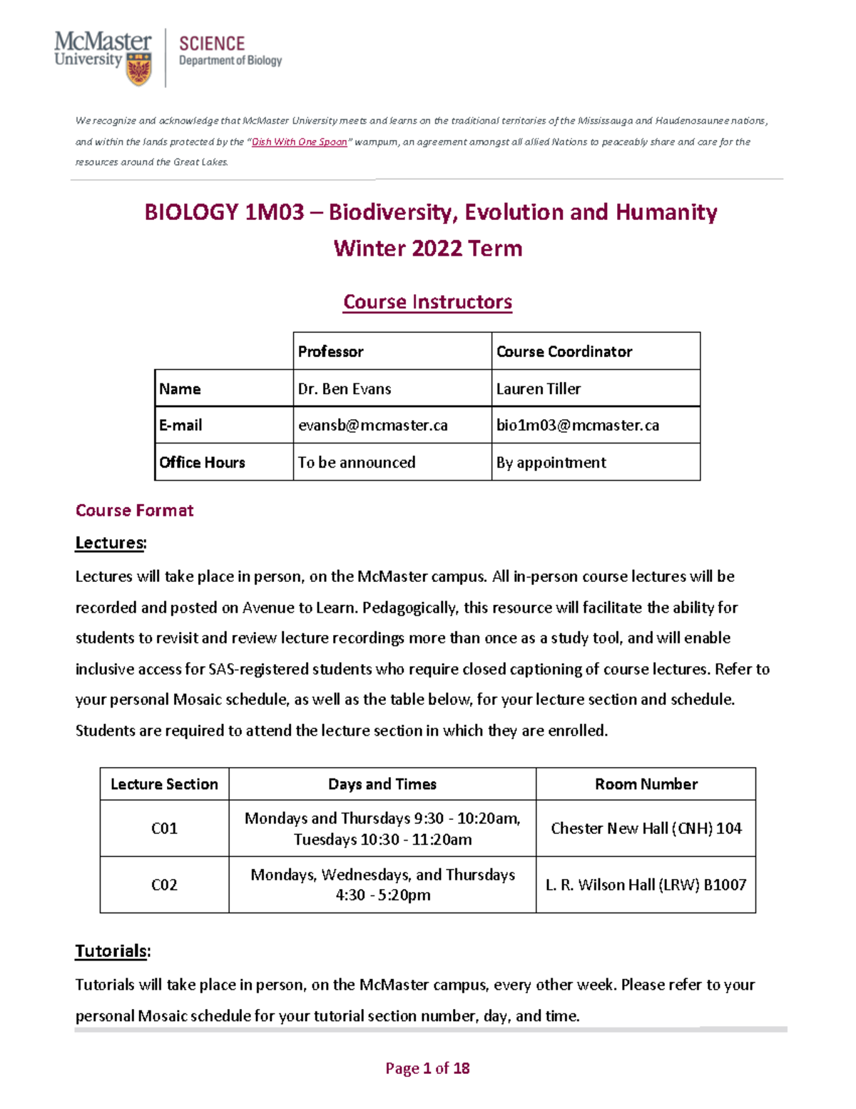 Bio1M03 Course Outline W2022 We recognize and acknowledge that