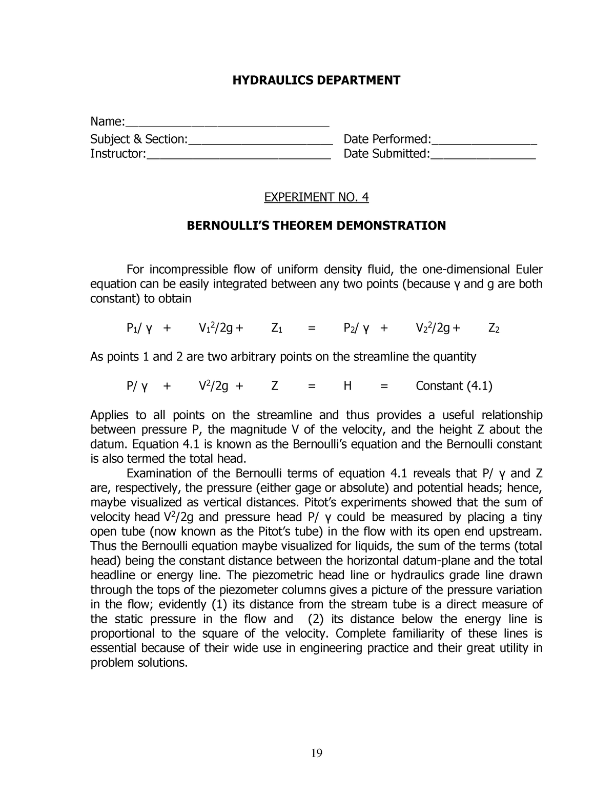 bernoulli's theorem experiment pdf