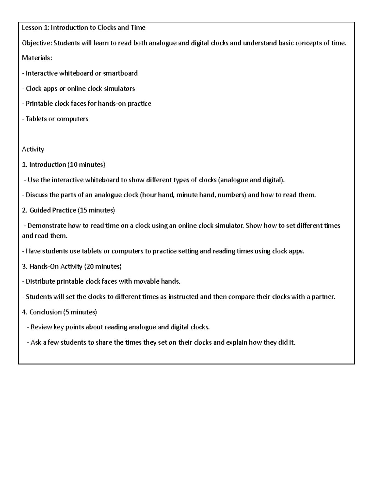 Lesson plan 2024 Lesson 1 Introduction to Clocks and Time Objective