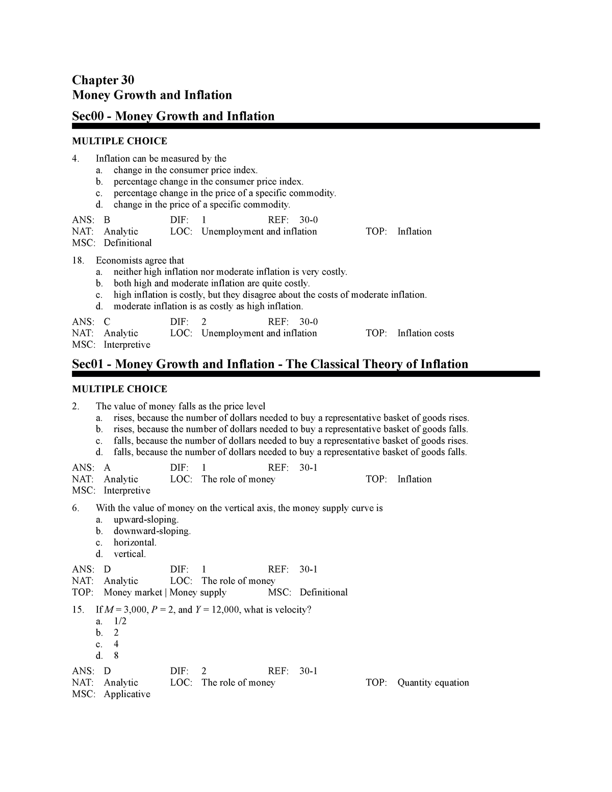 Ch.7-Money Growth And Inflation (+answers) - Chapter 30 Money Growth ...