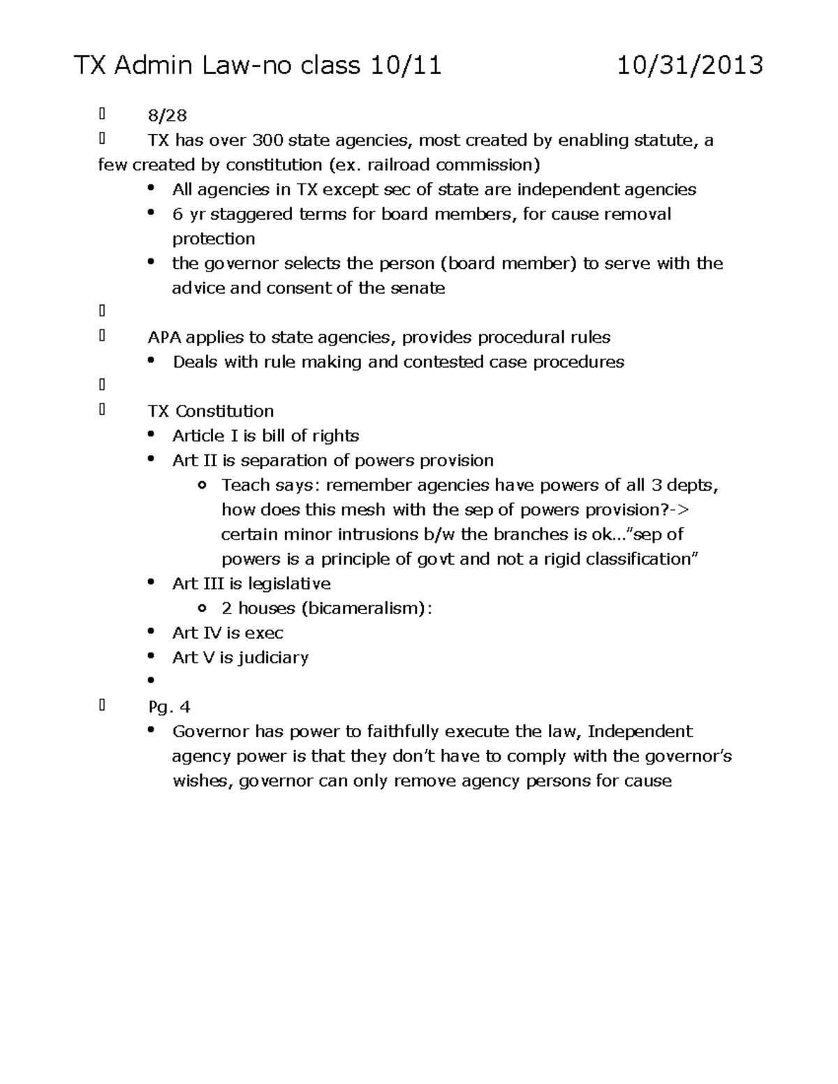 TX Admin Law - Outline - TX Admin Law-no class 10/11 10/31/ 8/ TX has ...