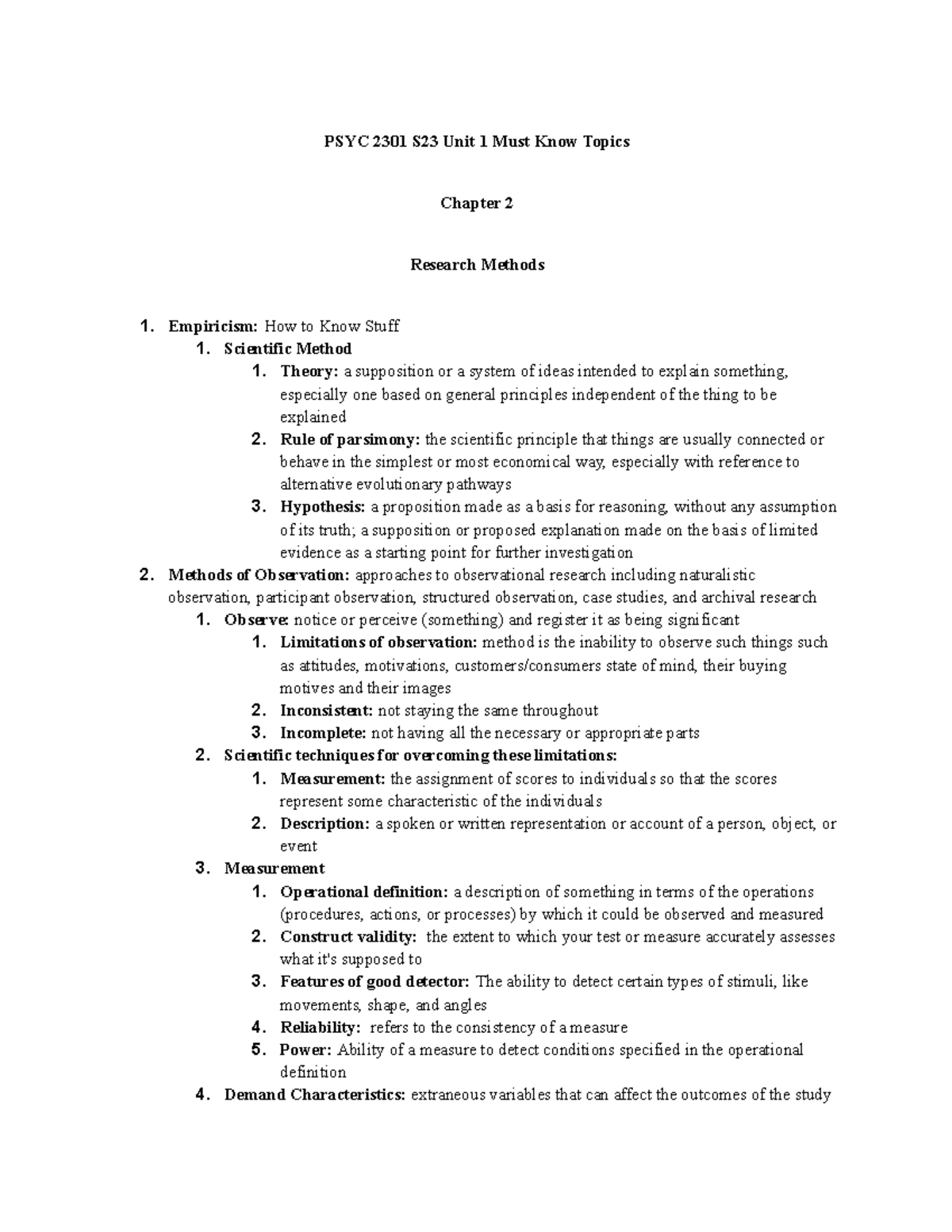 Final EXAM- Possible Need To Know Topics 3 - PSYC 2301 S23 Unit 1 Must ...