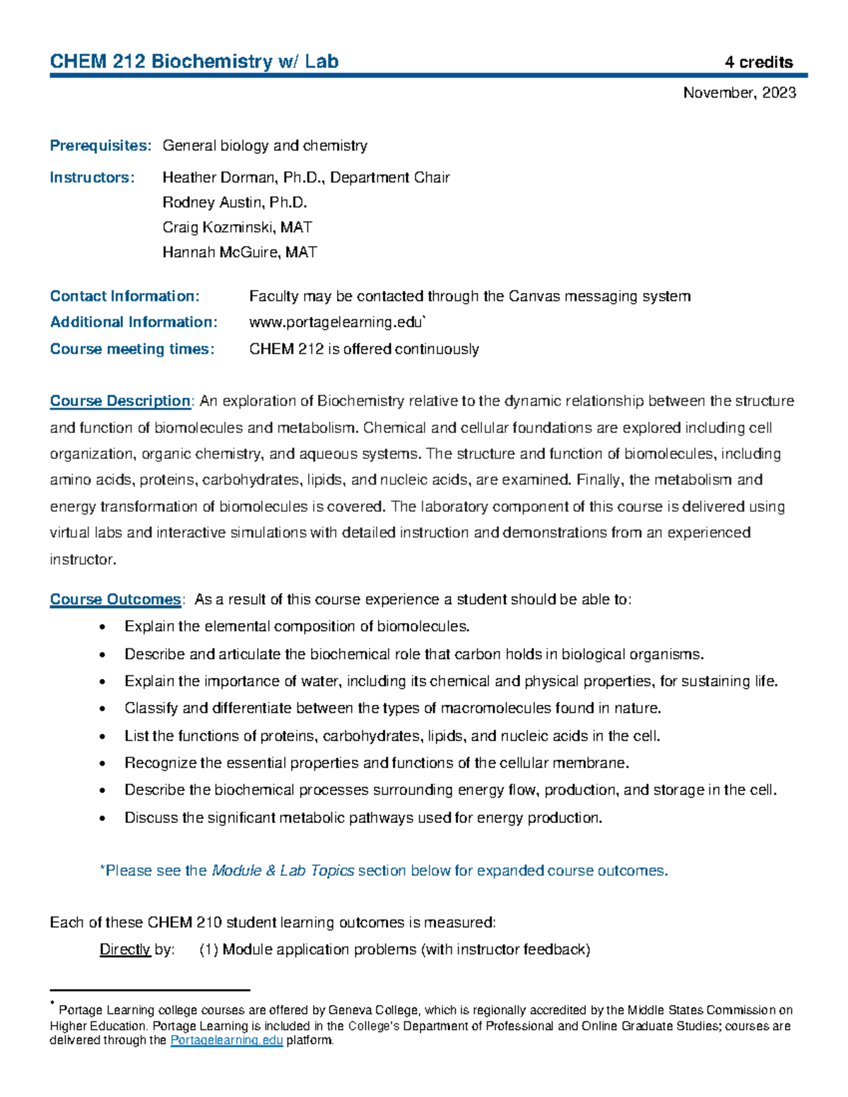 Biochemistry with Lab Syllabus - CHEM 212 Biochemistry w/ Lab 4 credits ...