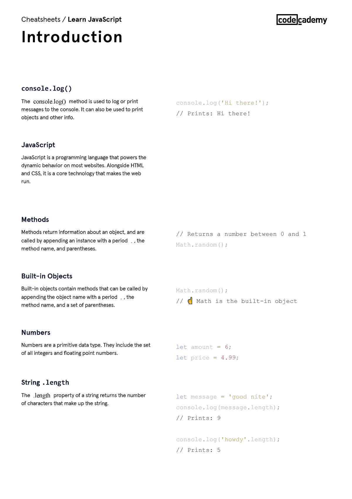 Learn Java Script Introduction Cheatsheet Codecademy - The Console ...