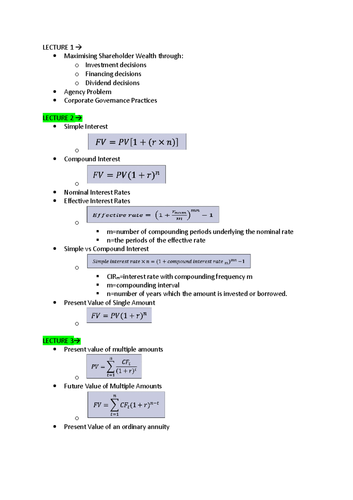 Formula Sheet - LECTURE 1 Maximising Shareholder Wealth through: o ...
