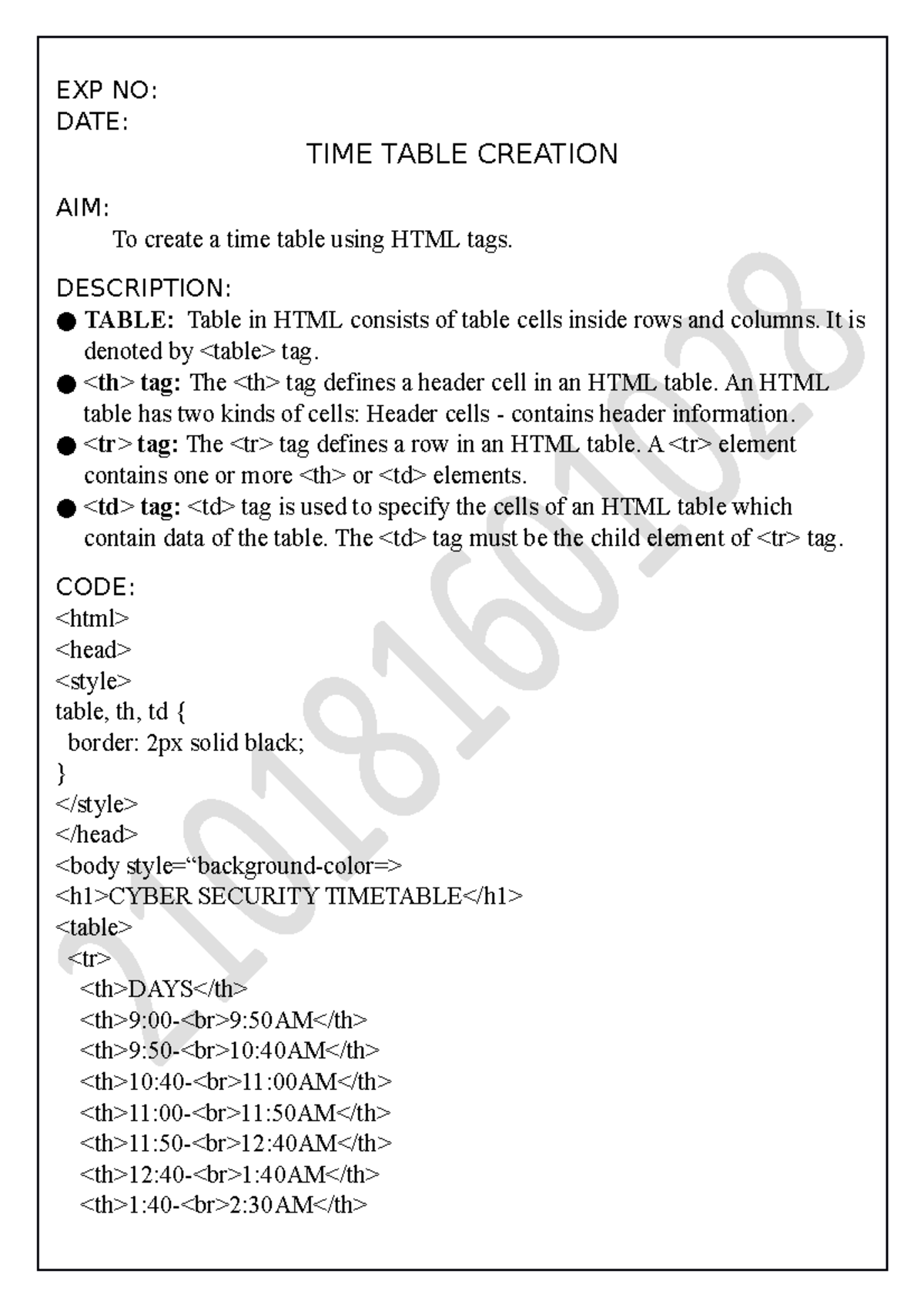 G 28 - lab - EXP NO: DATE: TIME TABLE CREATION AIM: To create a time ...