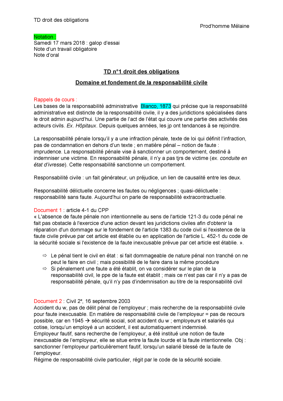 Td Droit De La Responsabilite Civile Corrige Td Droit Des Obligations Prod Homme Laine Notation Samedi 17 Mars 18 Galop Essai Note Un Travail Obligatoire Studocu