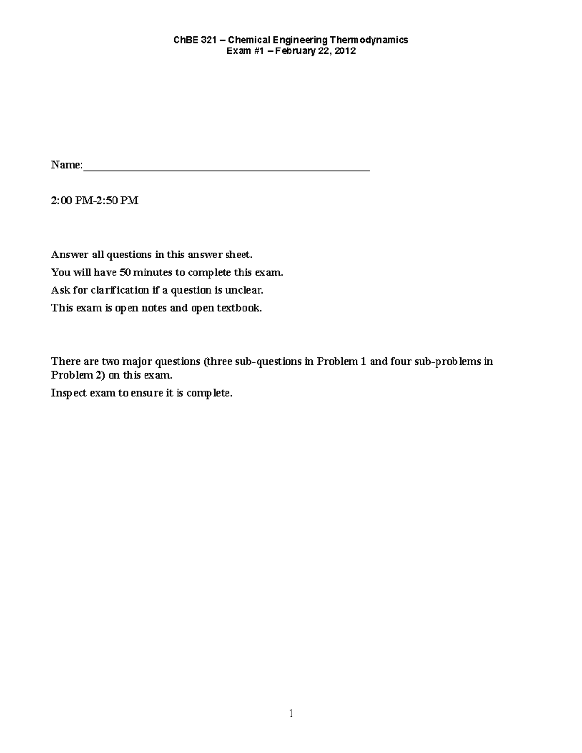Exam 1 Problems - Exam - Exam #1 – February 22, 2012 - Studocu