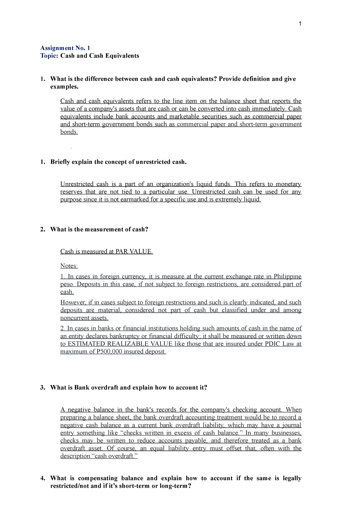 Cash and Cash Equivalents - Assignment No. 1 Topic:Cash and Cash ...