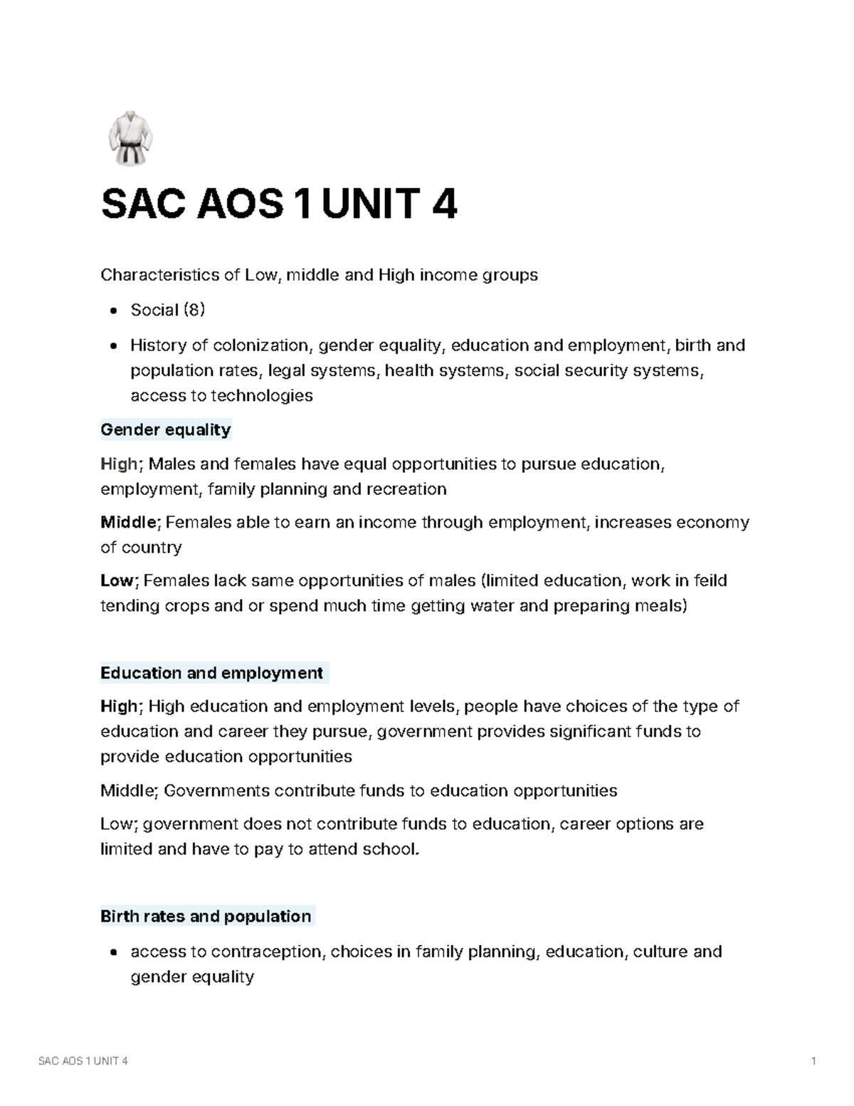 SAC AOS 1 UNIT 4 - 🥋 SAC AOS 1 UNIT 4 Characteristics of Low, middle ...
