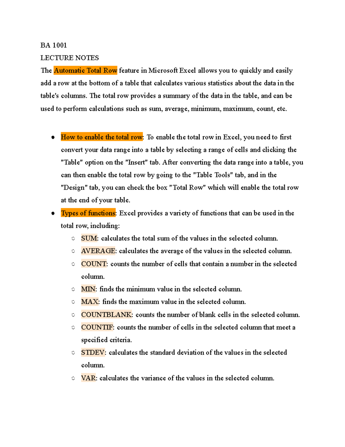 Automatic Total ROW - BA 1001 LECTURE NOTES - BA 1001 LECTURE NOTES The ...