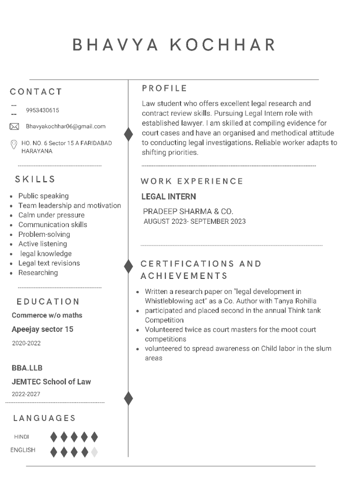 Minimalist White and Grey Professional Resume - BHAVYA KOCHHAR CONTACT ...