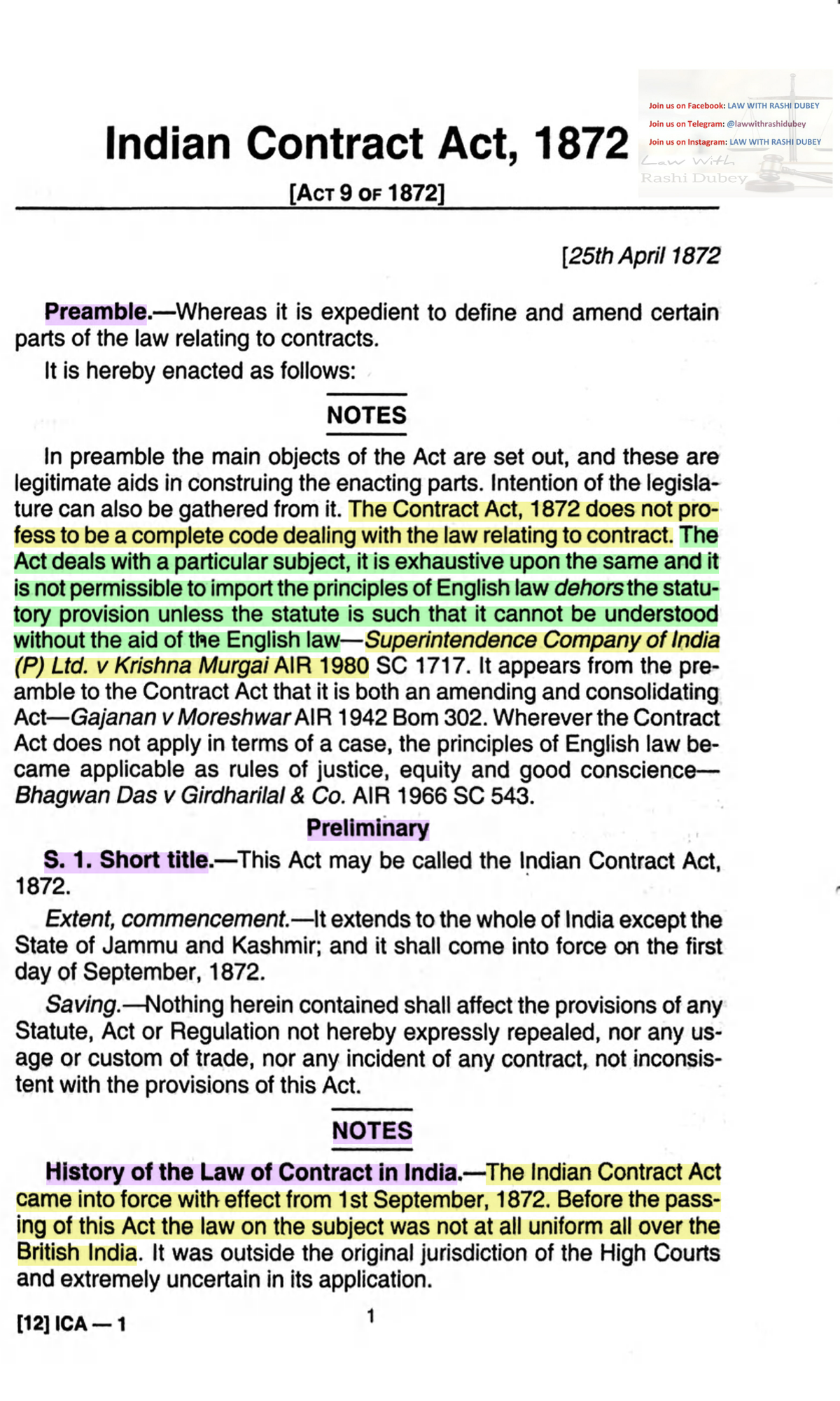 Contract Notes - Indian Contract Act, 1872 ____[ Ac T 9 O F 1872] [25th ...